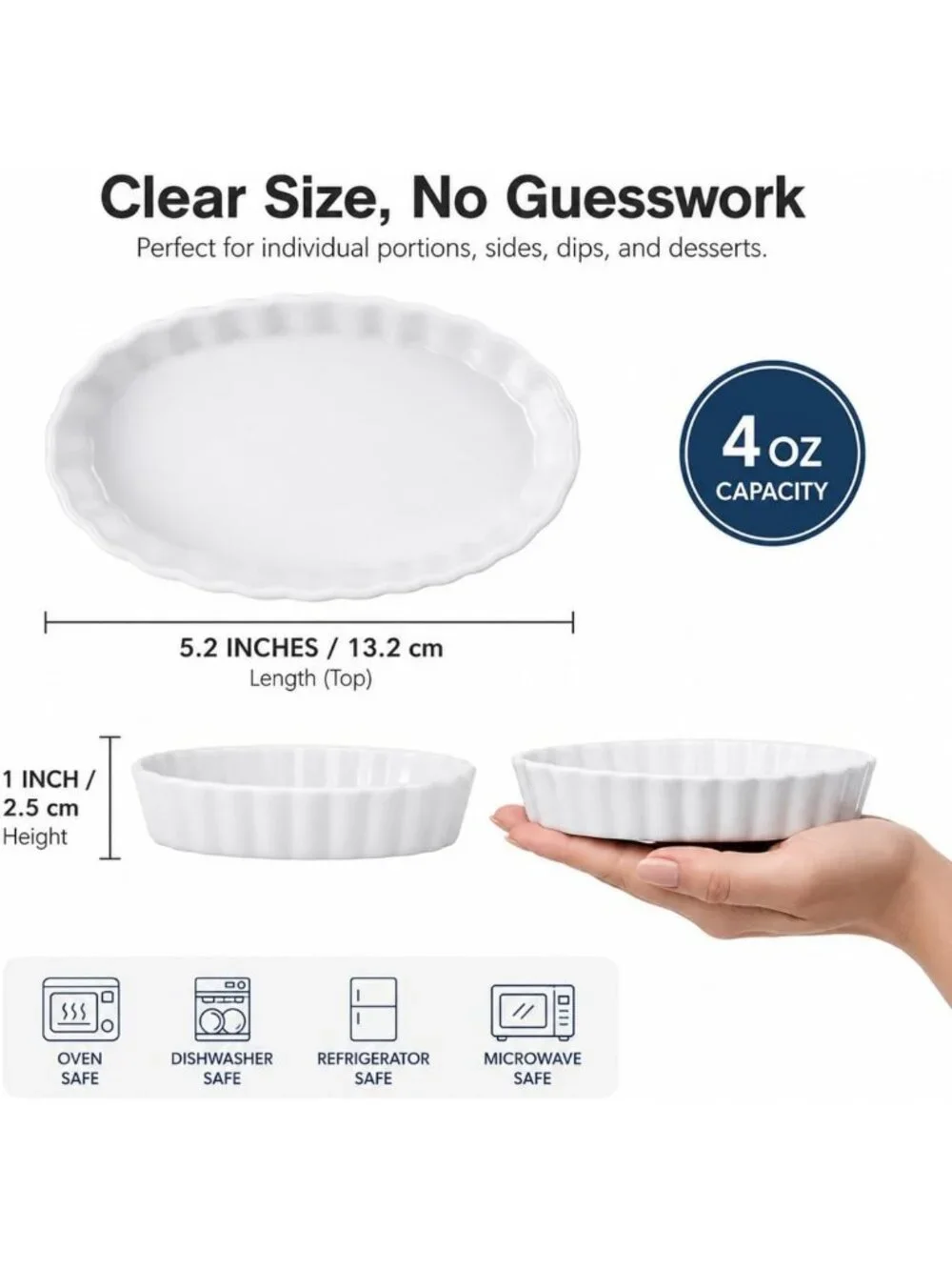 Set of 6 Oven Safe Ceramic Ramekins - 4 Oz White Dishes for Creme Brulee